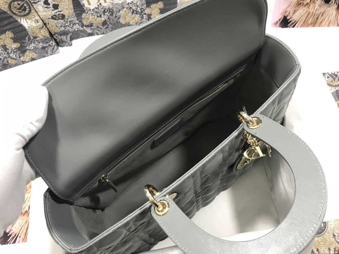 LARGE LADY BAG 32CM GRAY CANNAGE LAMBSKIN