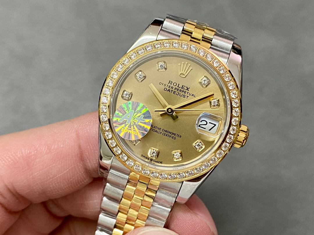 DATEJUST 31MM GOLD STEEL DIAMOND BEZEL YELLOW DIAL
