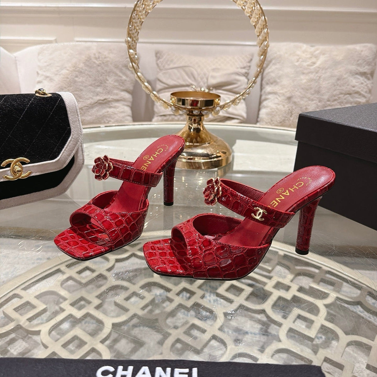 CC 26A Camellia Double C Square Toe Mules 10cm Red Stone-Grain Cowhide 890675