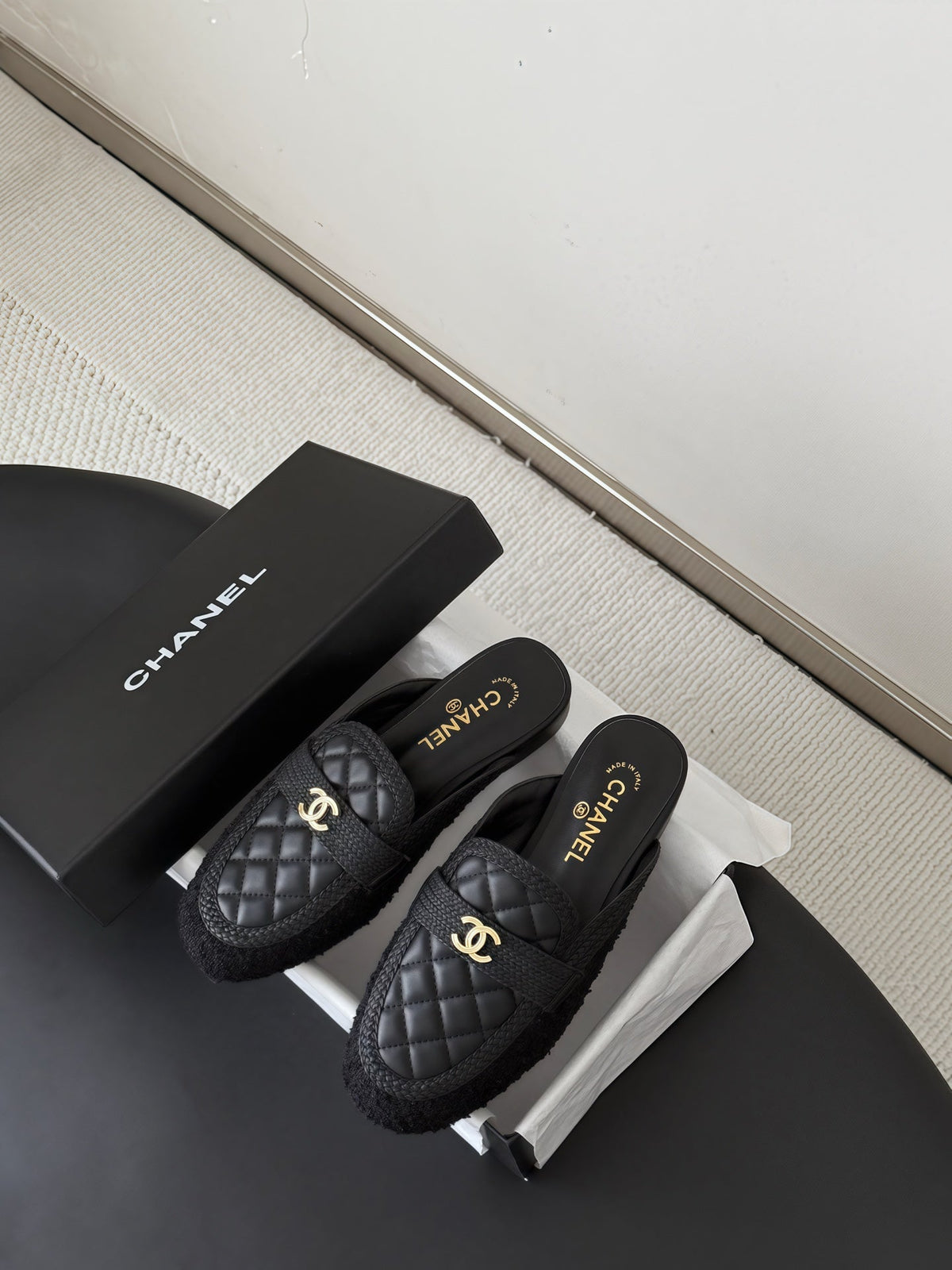 CC Quilted Logo Strap Mules Black Tweed & Leather 914191