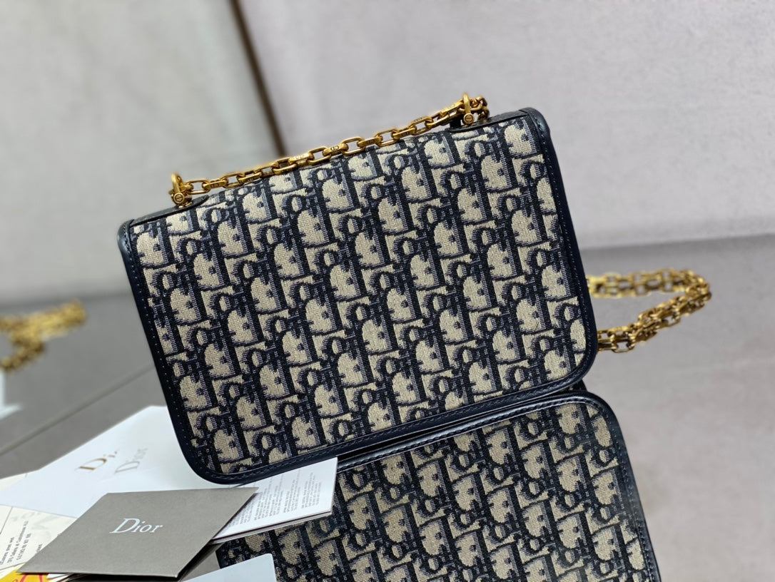 CD embroidered chain bag 24 dark blue leather cotton