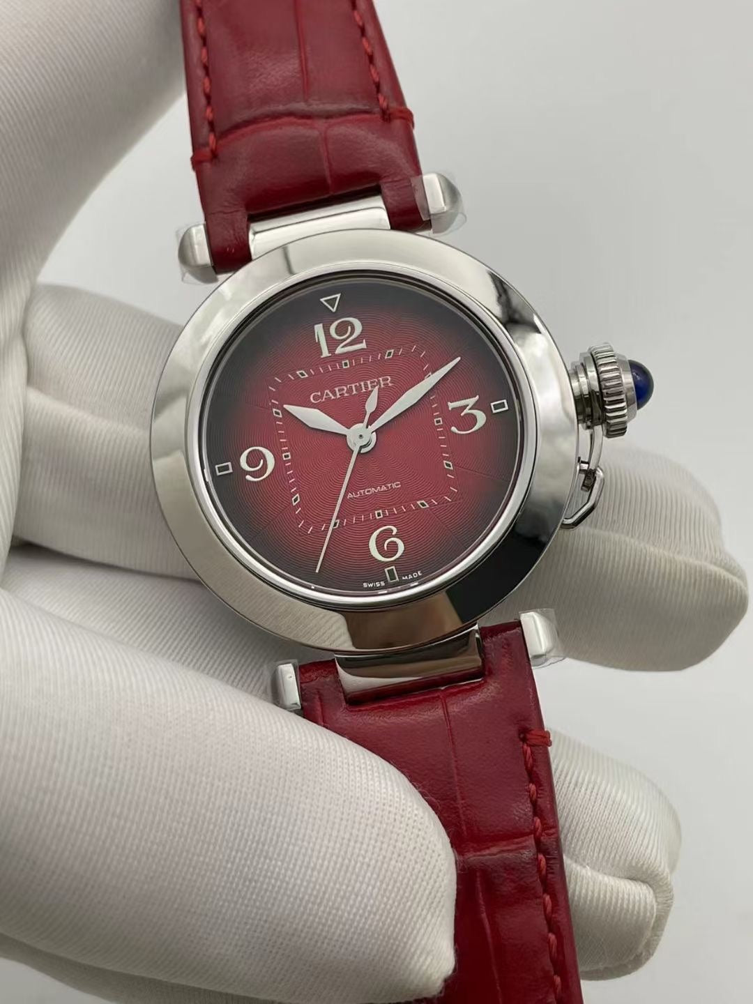 Cartier Pasha 33mm Silver Red Dial Leather