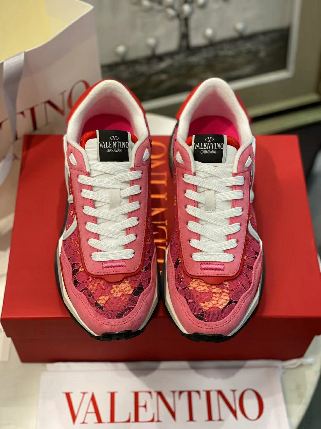 Lace And Mesh Lacerunner Sneaker In Pink Mix Red Orange 994618