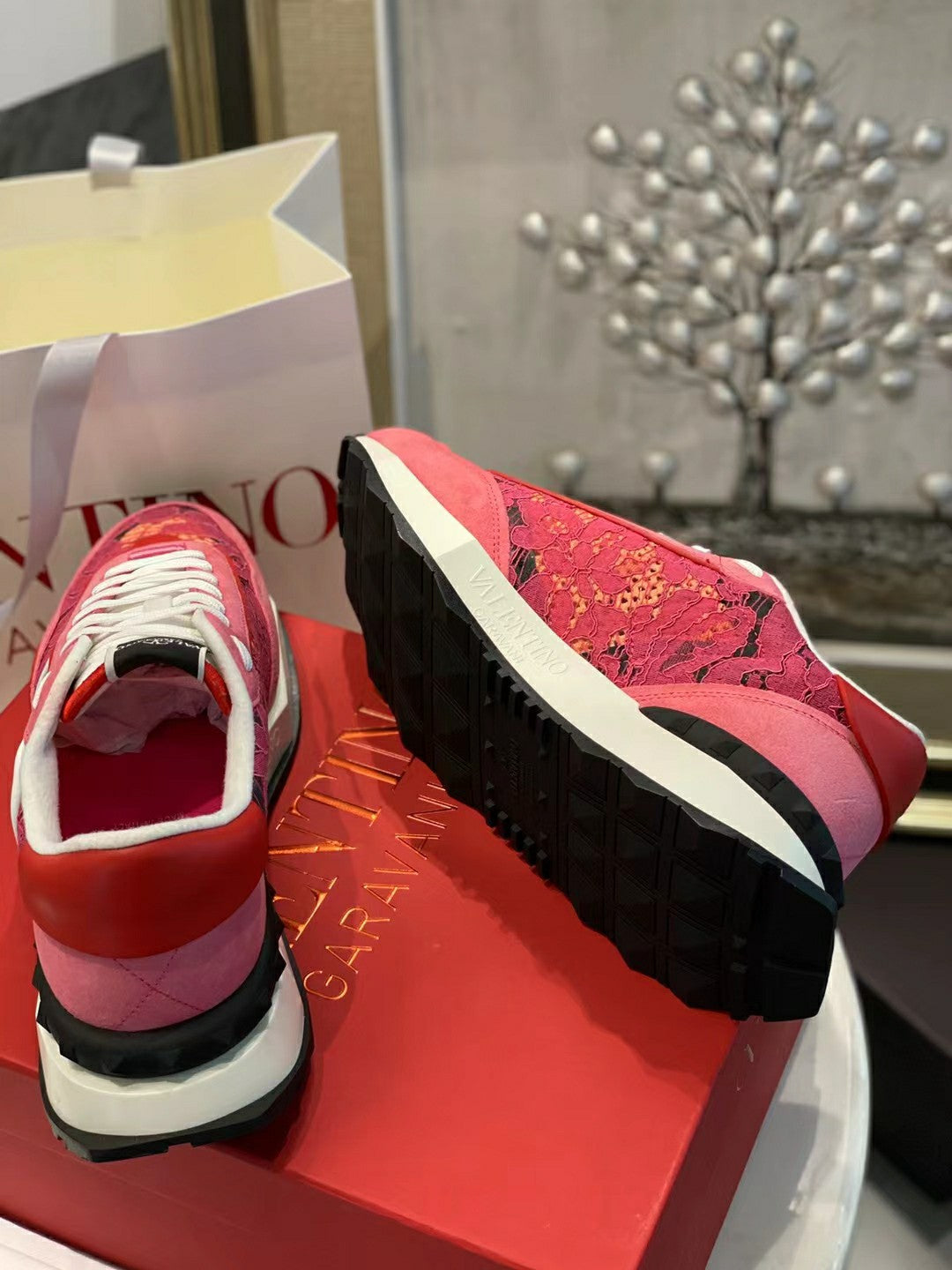 Lace And Mesh Lacerunner Sneaker In Pink Mix Red Orange 994618