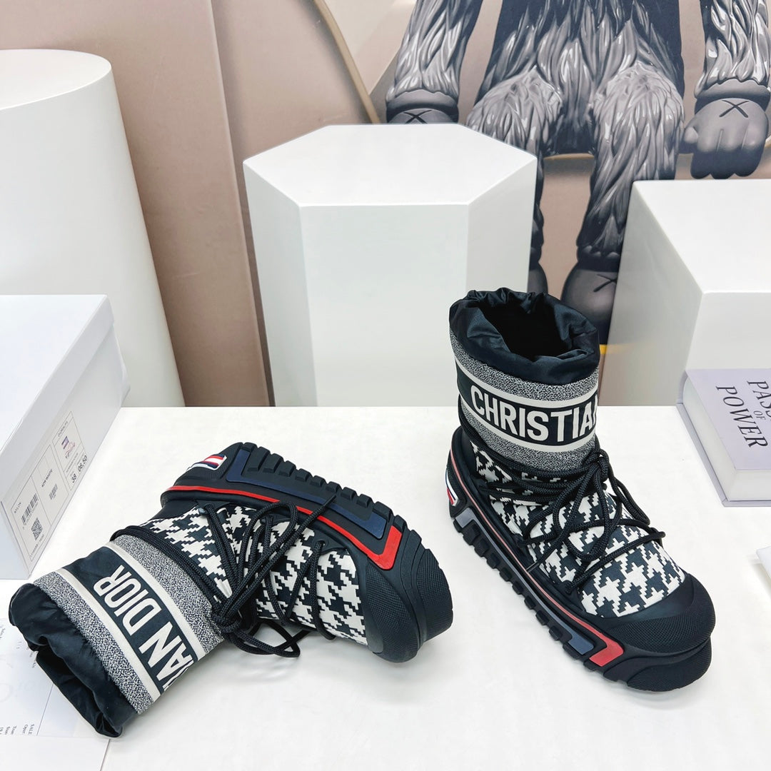 CD Snow Ankle Boots Black White Cowhide Nylon Fabric 539663