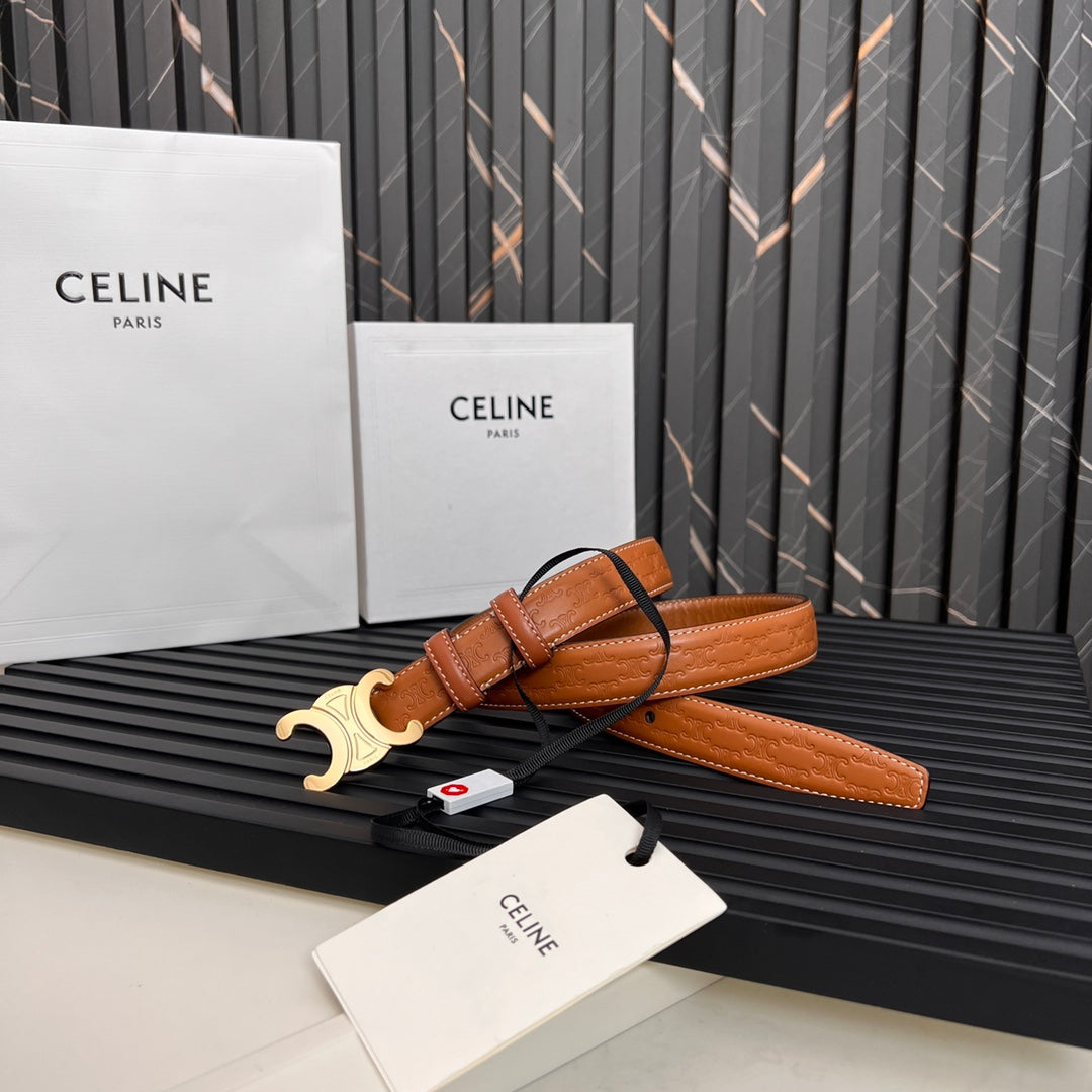 CEL 25mm Triomphe Belt in Taurillon Brown Embossed Leather 176290