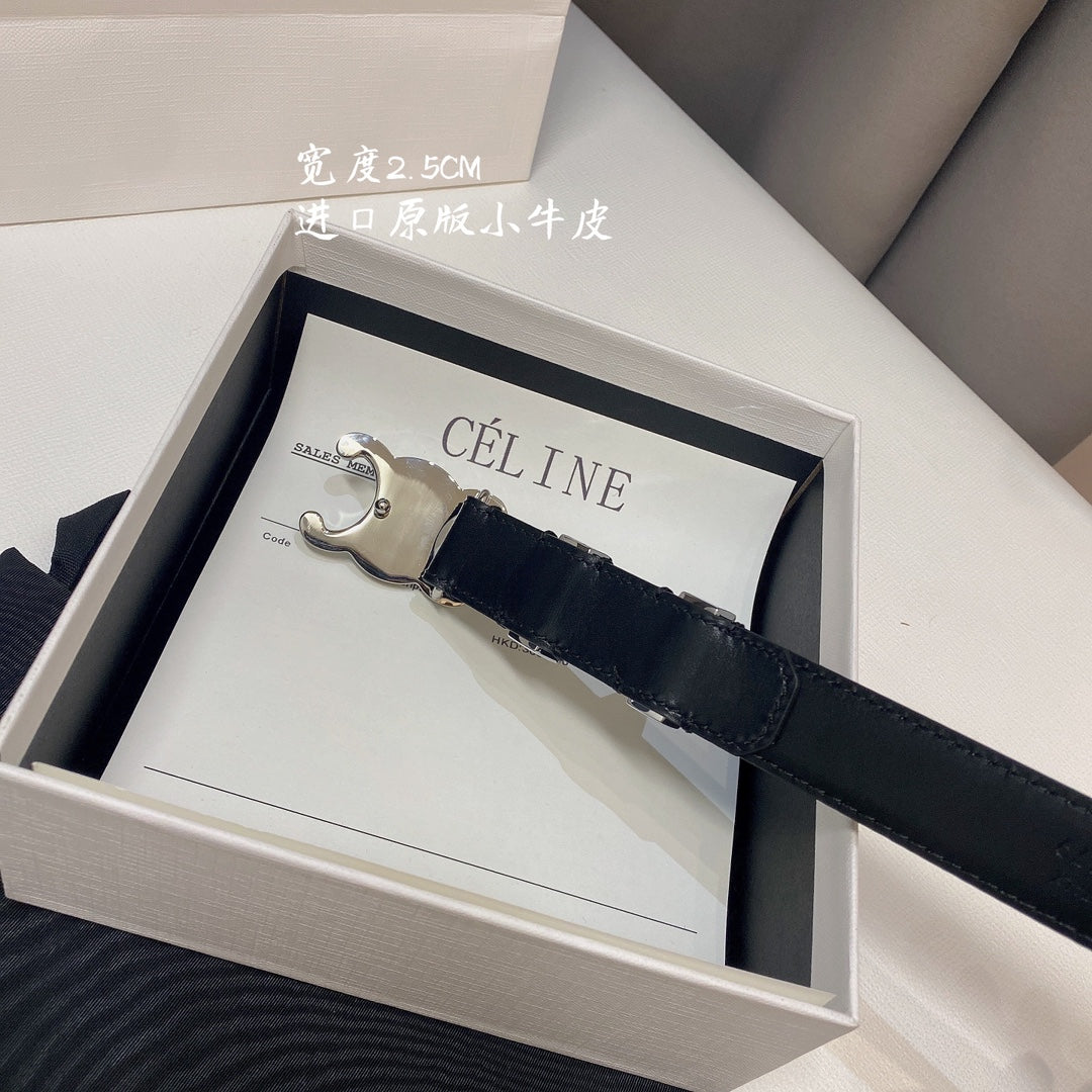 CL MEDIUM 25MM TRIOMPHE BELT IN BLACK CALFSKIN SILVER HARDWARE