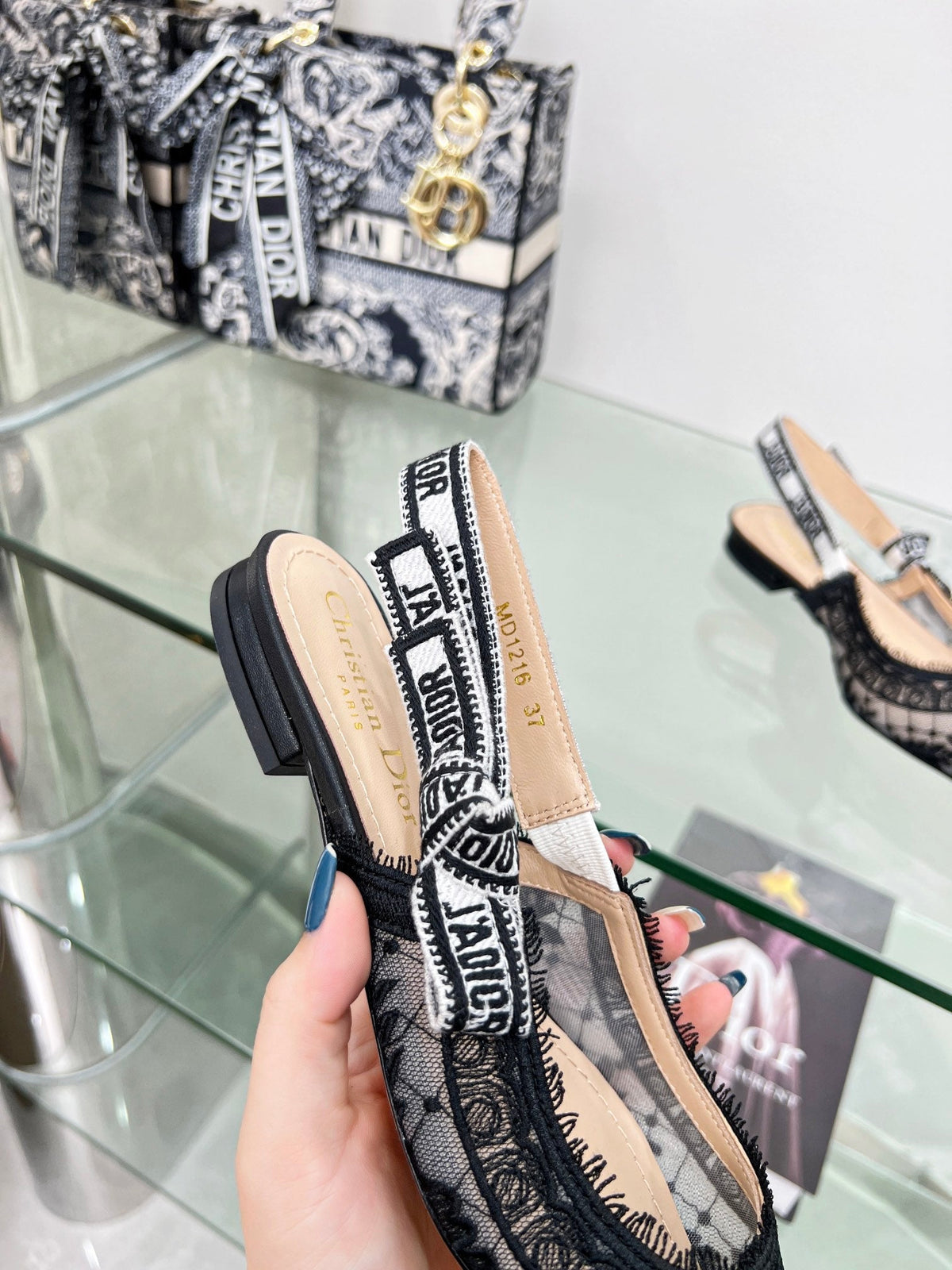 cd slingback flat transparent mesh embroidered black flower moitf