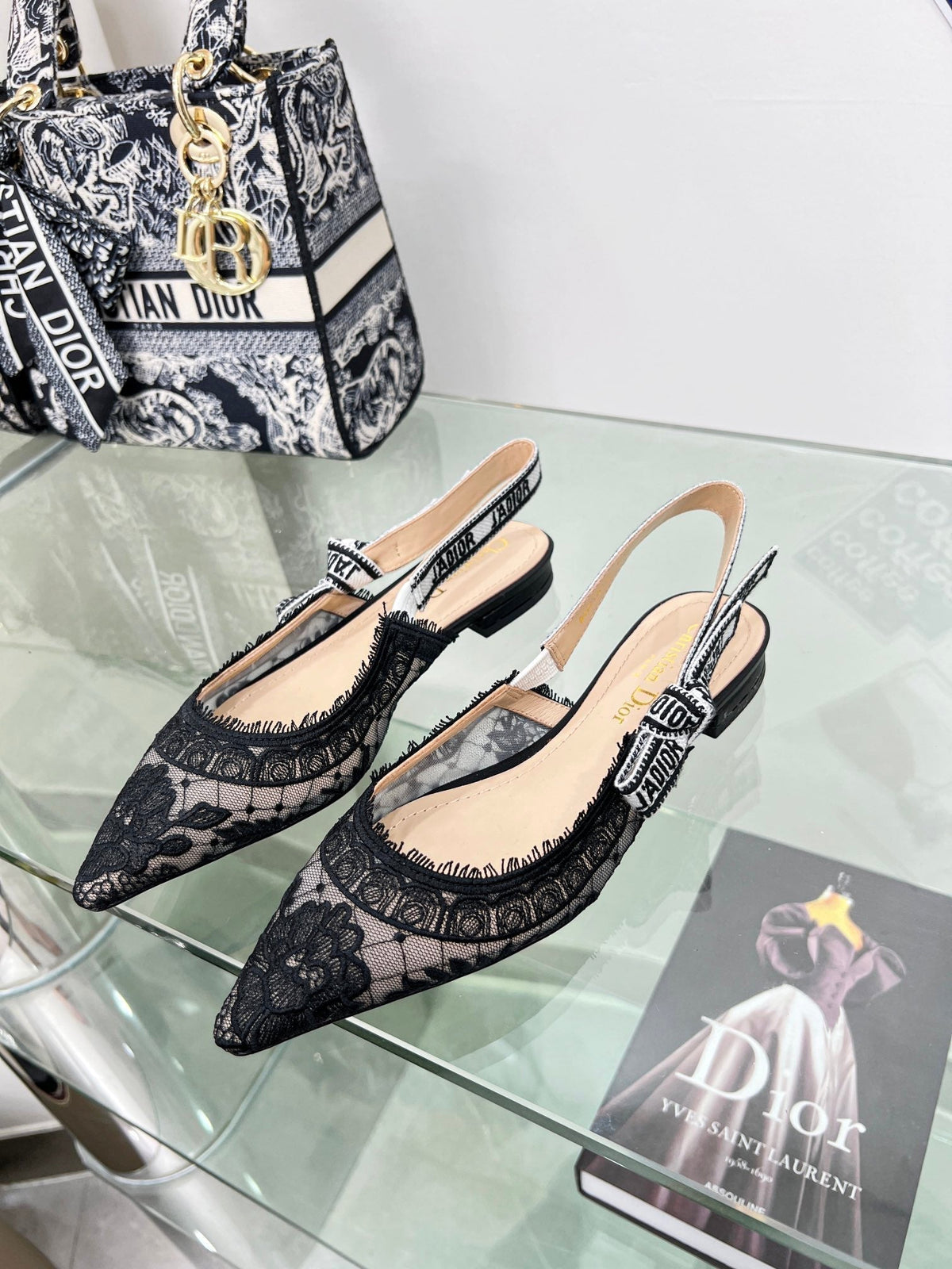 cd slingback flat transparent mesh embroidered black flower moitf