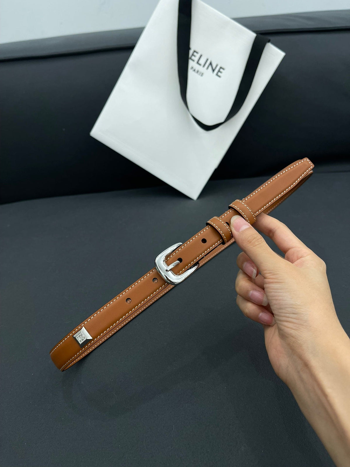 CL SMALL 18 MM TRIOMPHE BELT IN TAURILLON BRONZE BROWN LEATHER SILVER HARDWARE