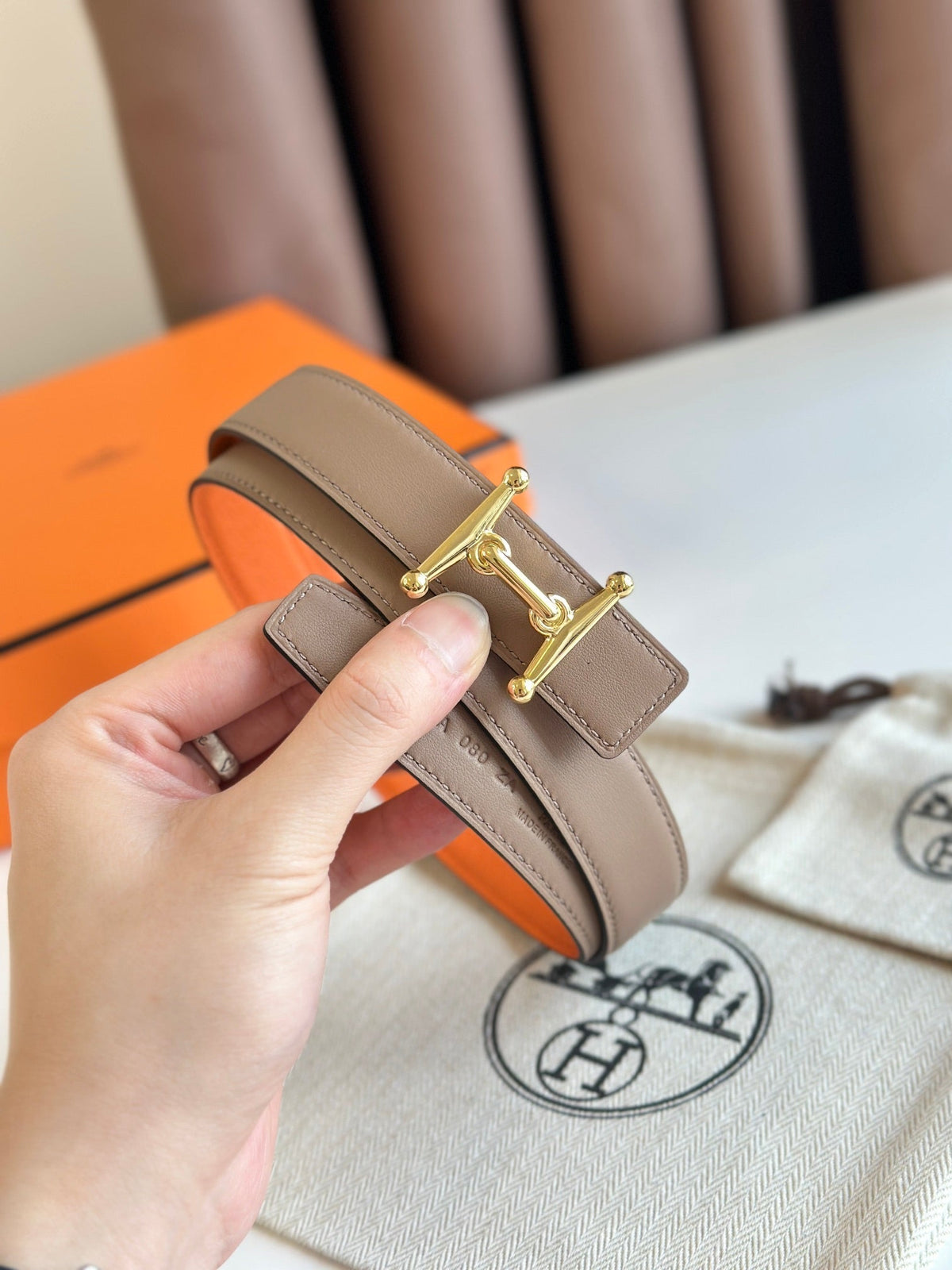 HM Gold Mors H buckle & Reversible 24 mm belt Orange Beige Leather 125355