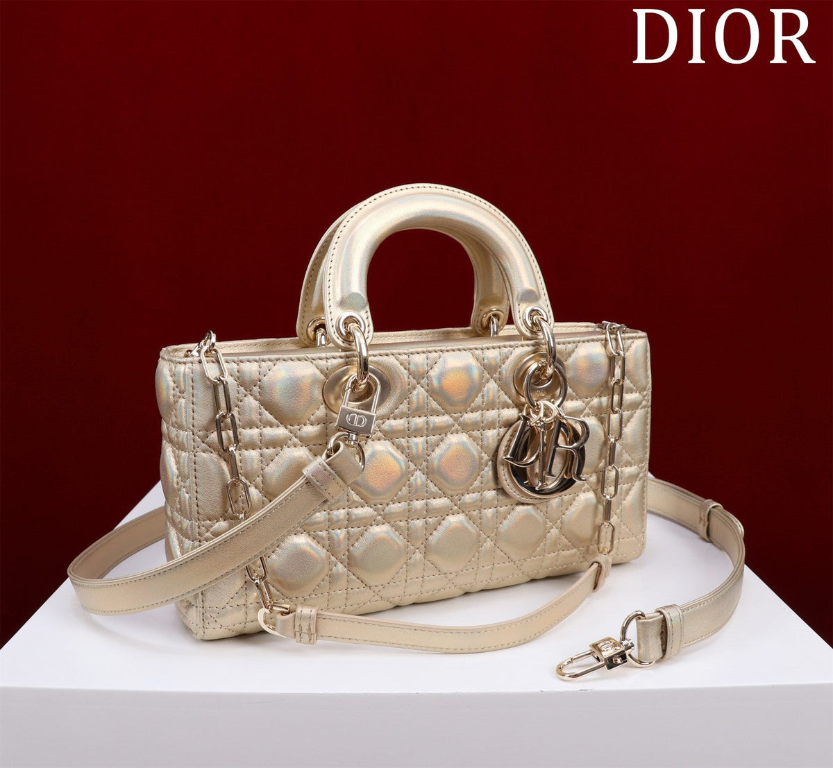 medium lady d-joy 26 beige metalic lambskin