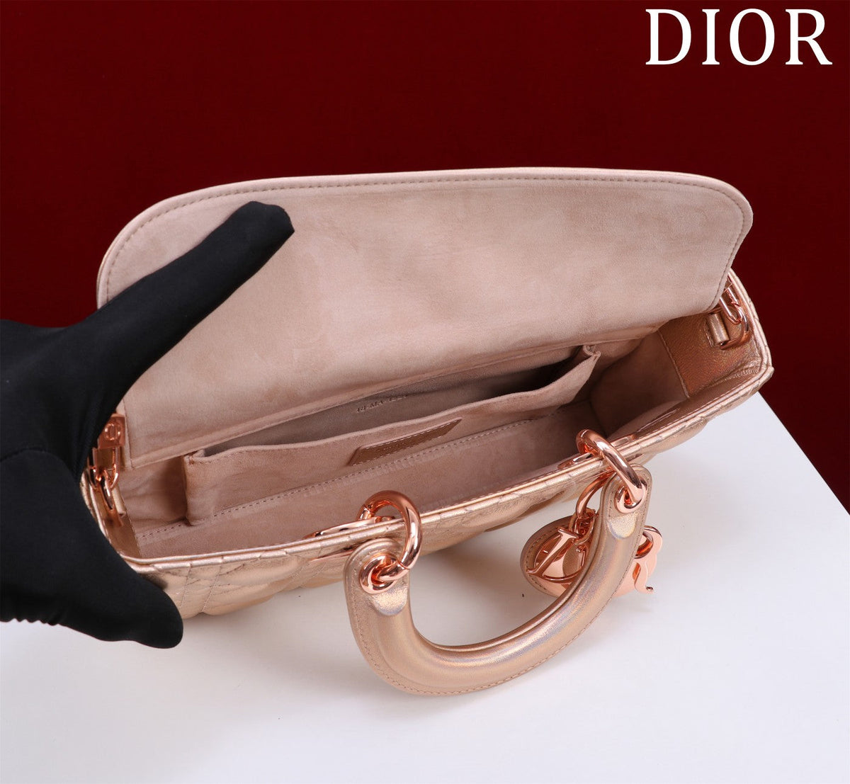 medium lady d-joy 26 rose metalic lambskin