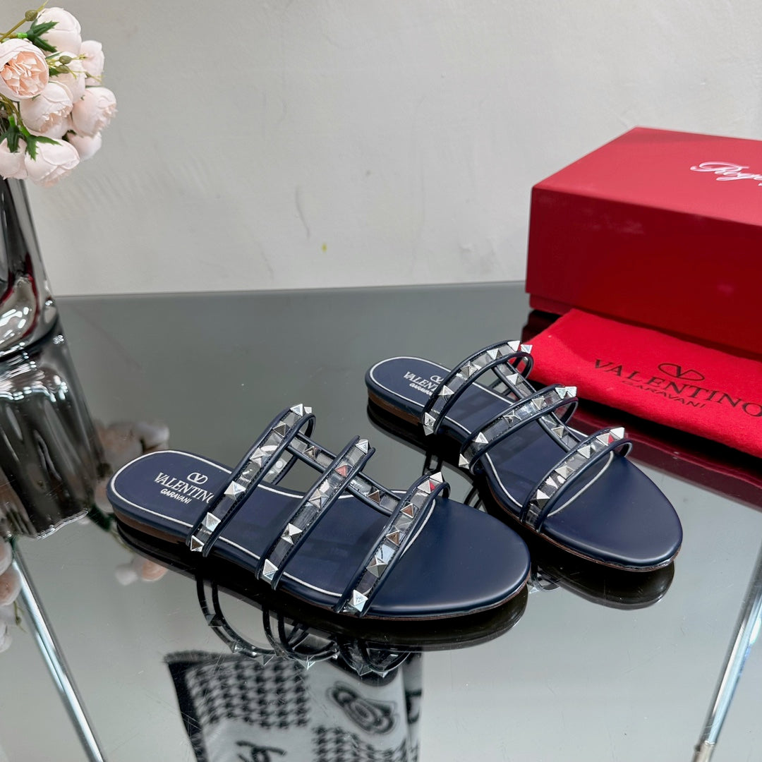 VT 25 Rockstud Flat Sandals Navy Blue PVC Sheepskin