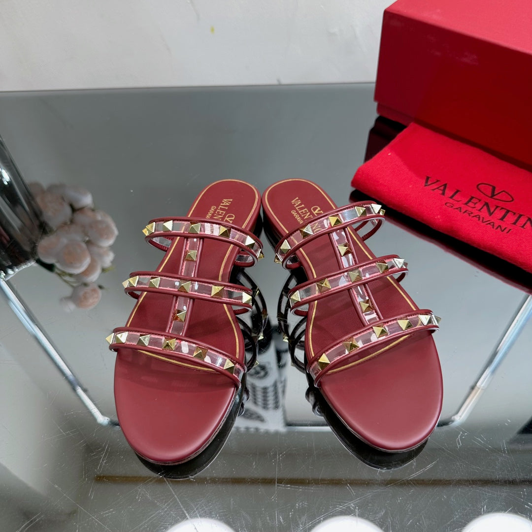 VT 25 Rockstud Flat Sandals Ruby Red PVC Sheepskin