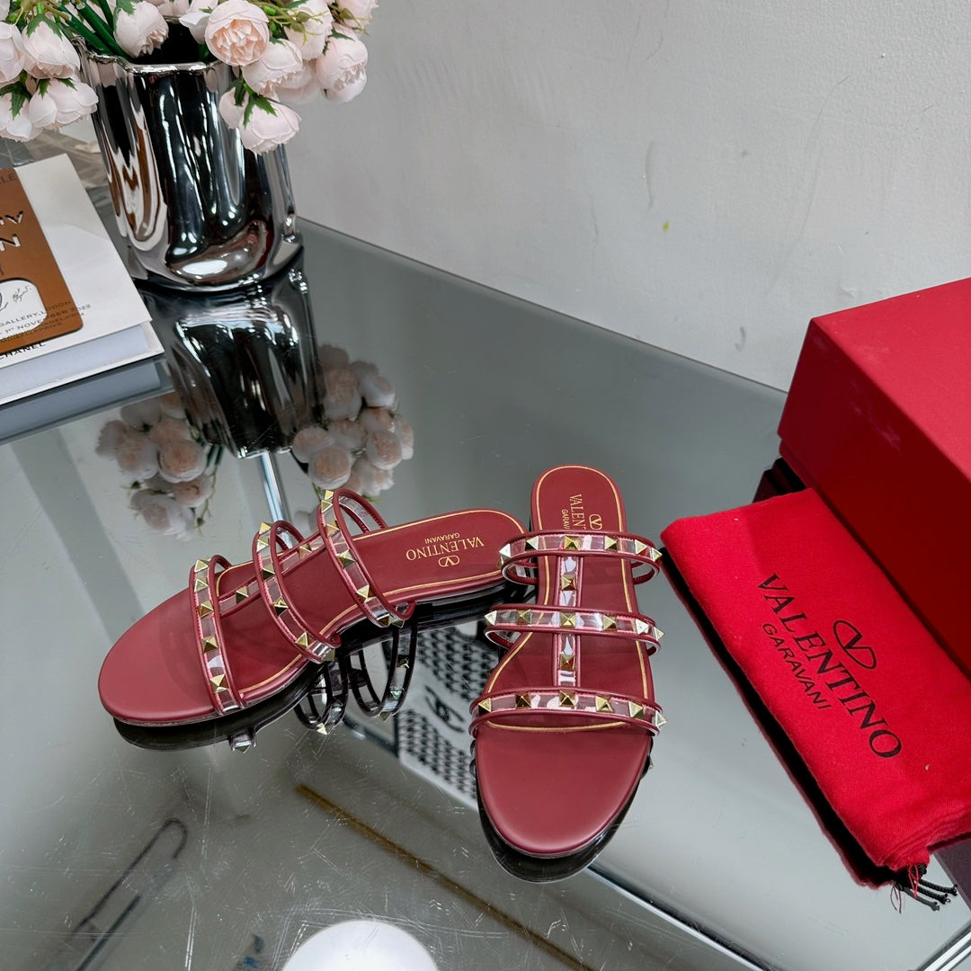 VT 25 Rockstud Flat Sandals Ruby Red PVC Sheepskin