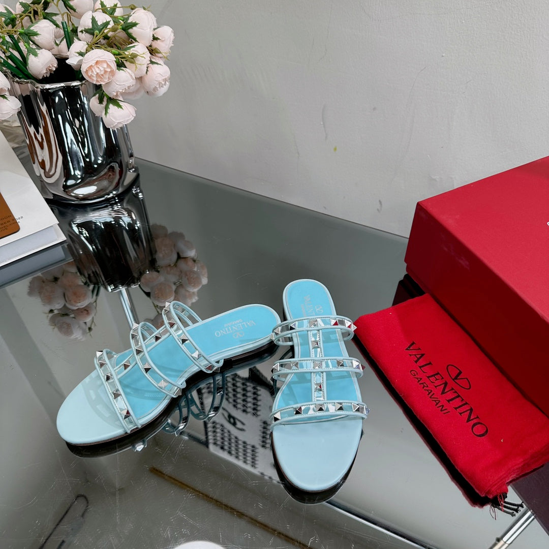 VT 25 Rockstud Flat Sandals Sky Blue PVC Sheepskin