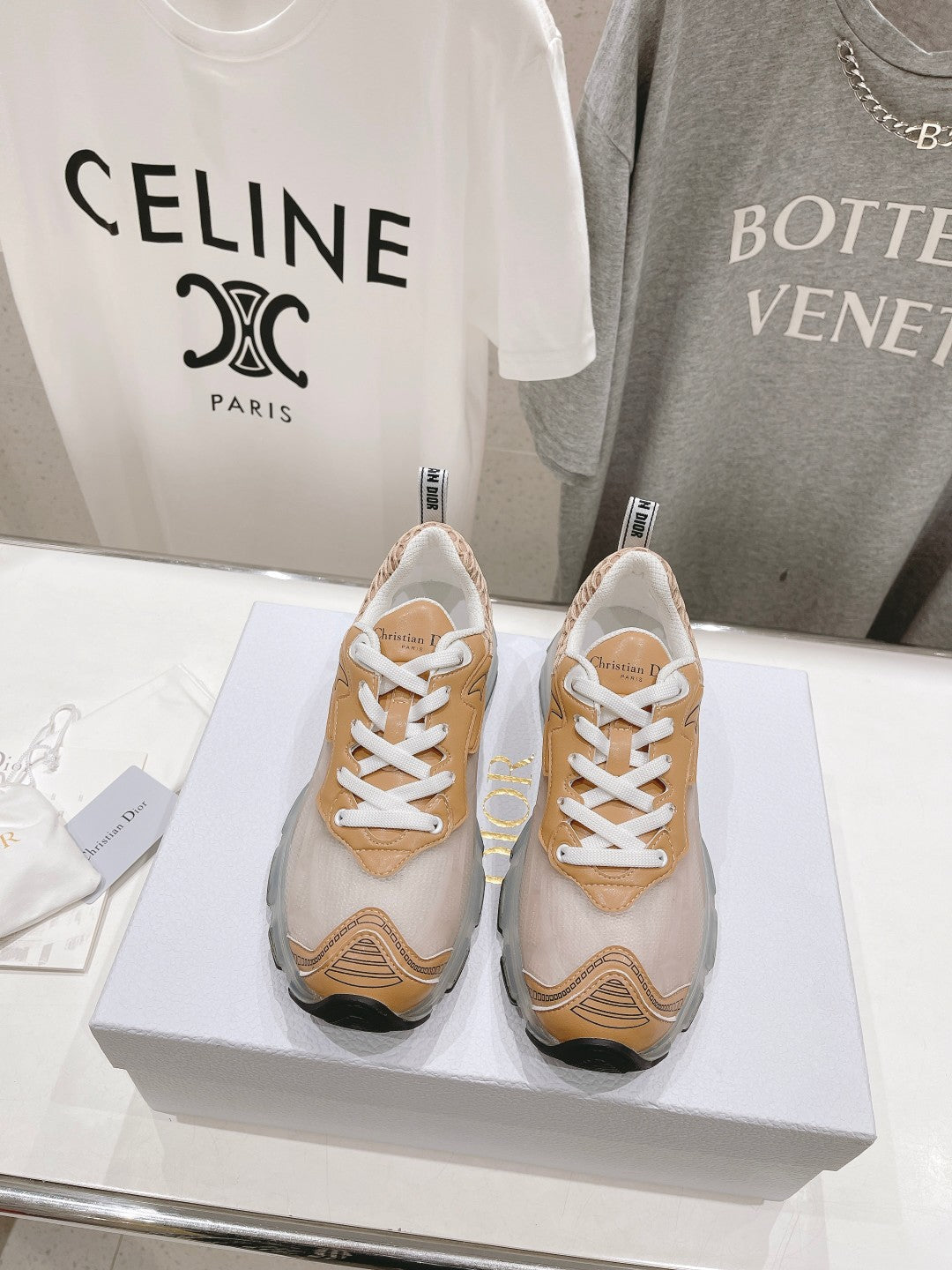 CD Vibe Sneaker White Beige Brown Polyester Mesh Fabric And Lambskin