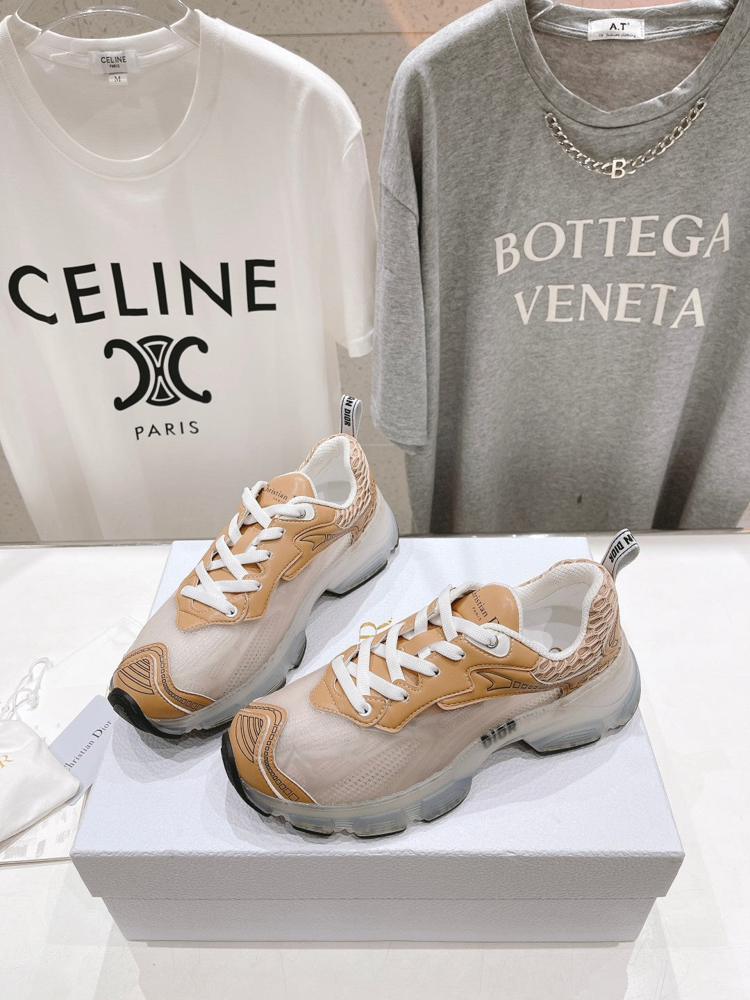 CD Vibe Sneaker White Beige Brown Polyester Mesh Fabric And Lambskin