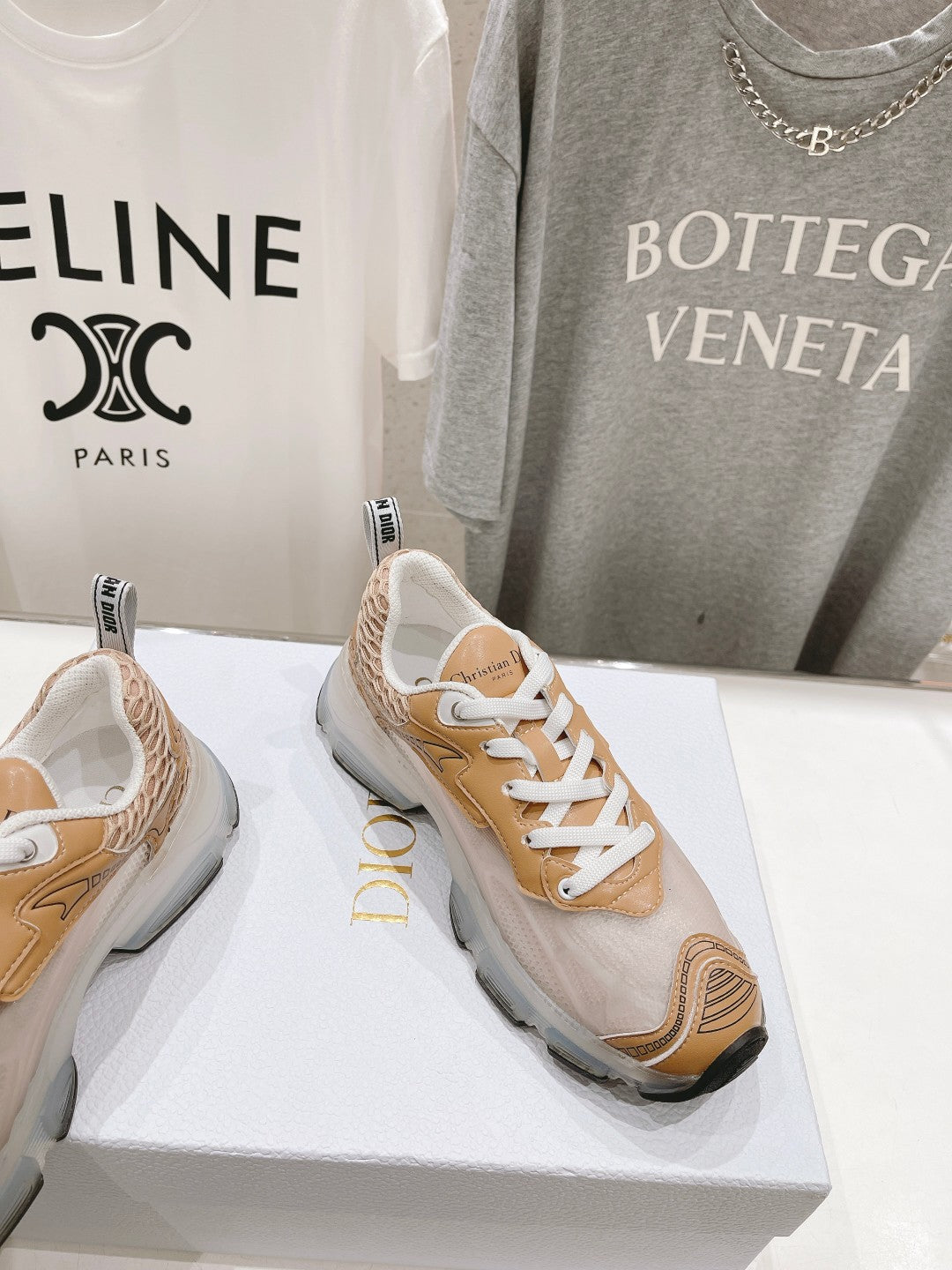 CD Vibe Sneaker White Beige Brown Polyester Mesh Fabric And Lambskin