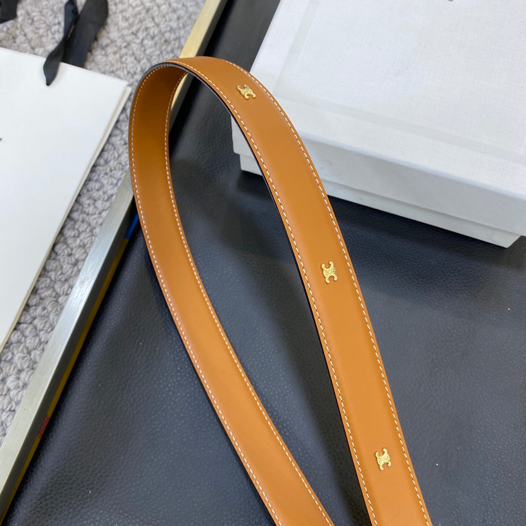 TRIOMPHE BELT 25MM IN BROWN CALFSKIN WITH LEATHER-COVERED BUCKLE AND WHITE STITCHING