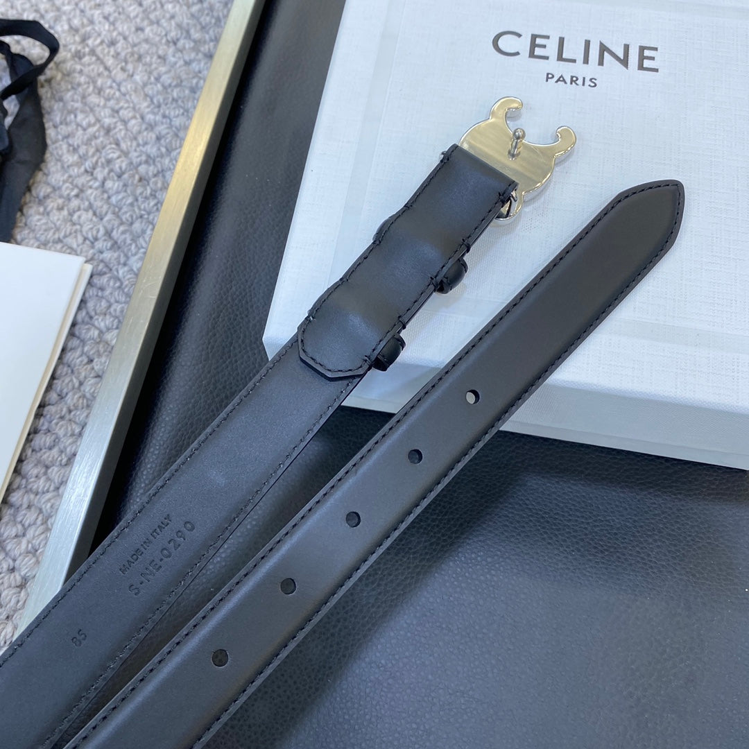 TRIOMPHE BELT 25MM IN BLACK CALFSKIN SILVER BUCKLE GOLD LOGO