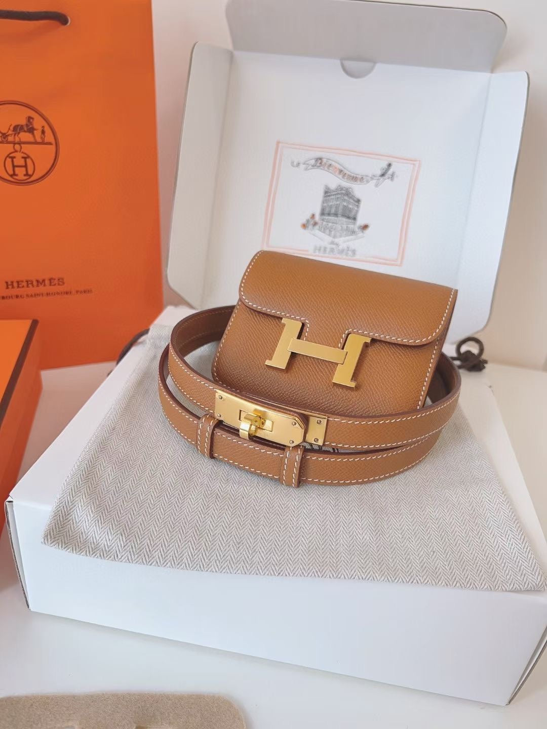 hm kelly belt 18mm with constance slim brown epsom gold hardware