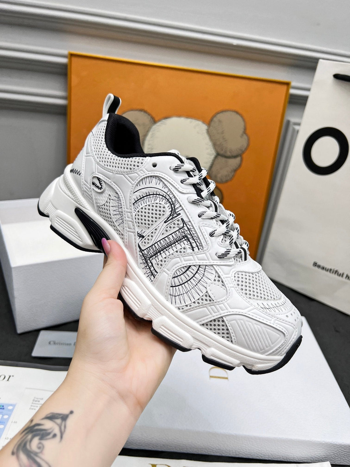 CD Chrono Sneaker White Black Mesh Fabric And Calfskin