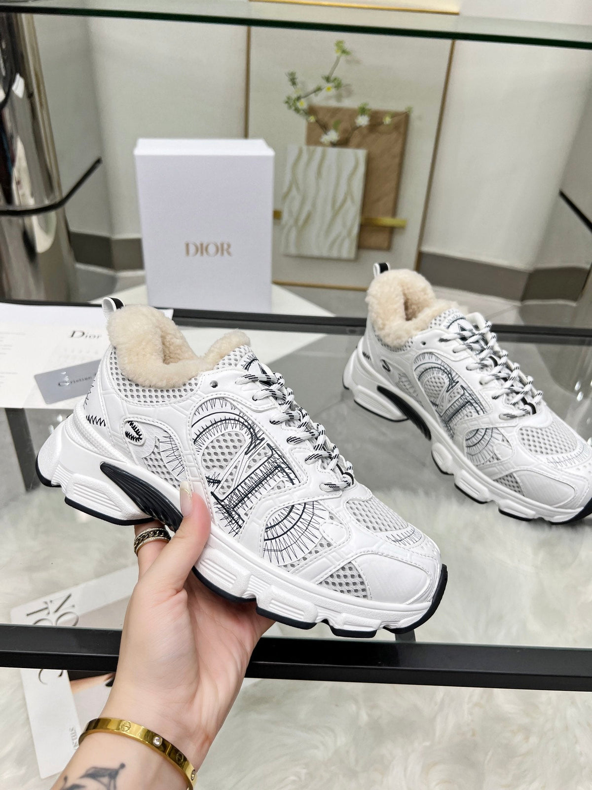CD Chrono Sneaker White Black Wool Lining Mesh Fabric And Calfskin