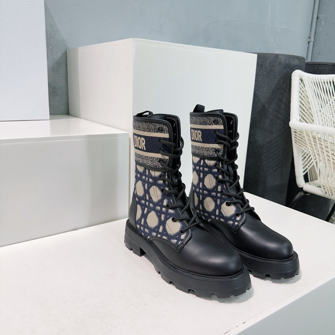 CD Major Ankle Boots Black Navy Blue Calfskin And Fabric Canvas