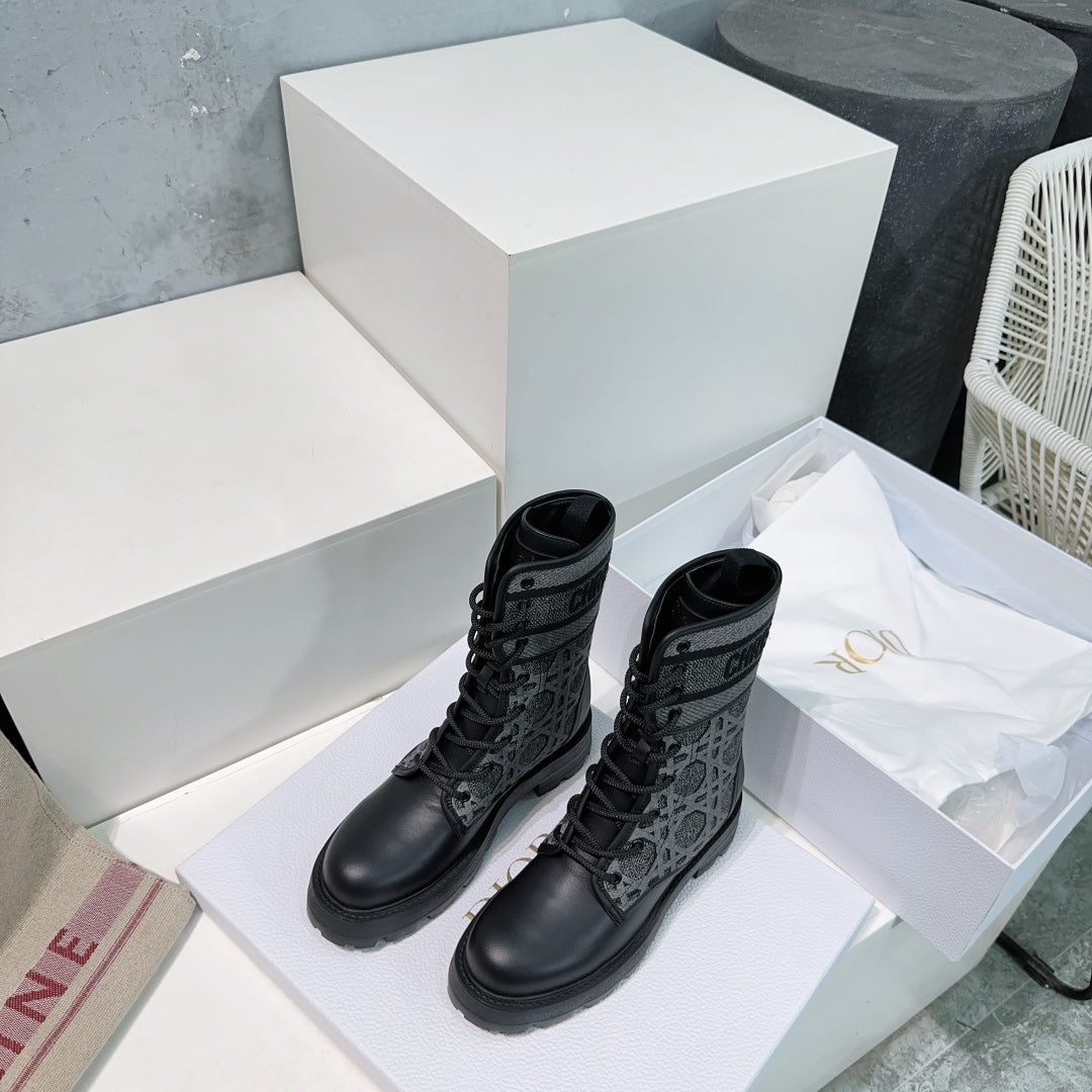 CD Major Ankle Boots Black Grey Calfskin And Fabric Canvas