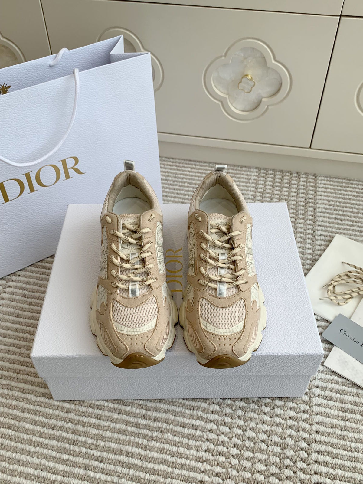 CD Chrono Sneaker In Light Brown And Ivory White Mesh Fabric And Suede 105379