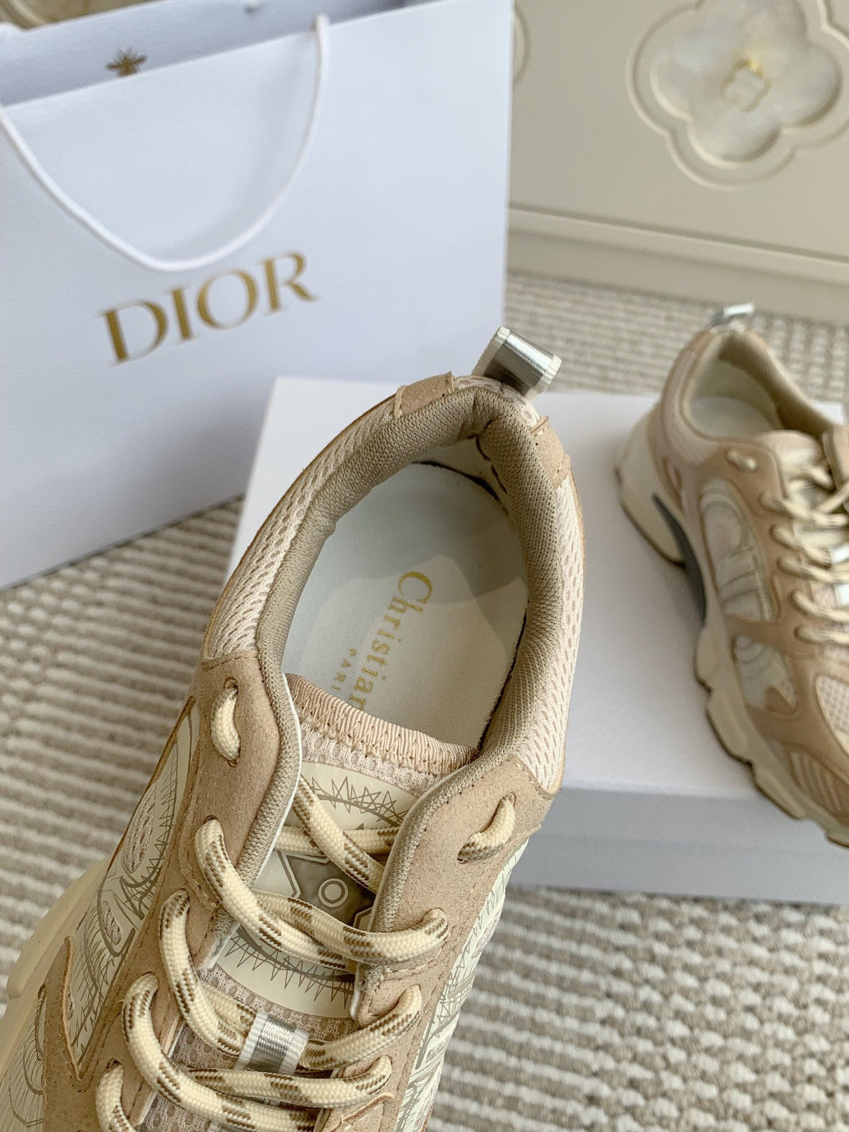 CD Chrono Sneaker In Light Brown And Ivory White Mesh Fabric And Suede 105379