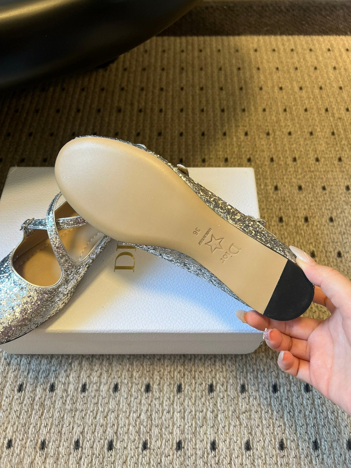 CD Very Ballet Flat Sliver Lambskin & Glitter