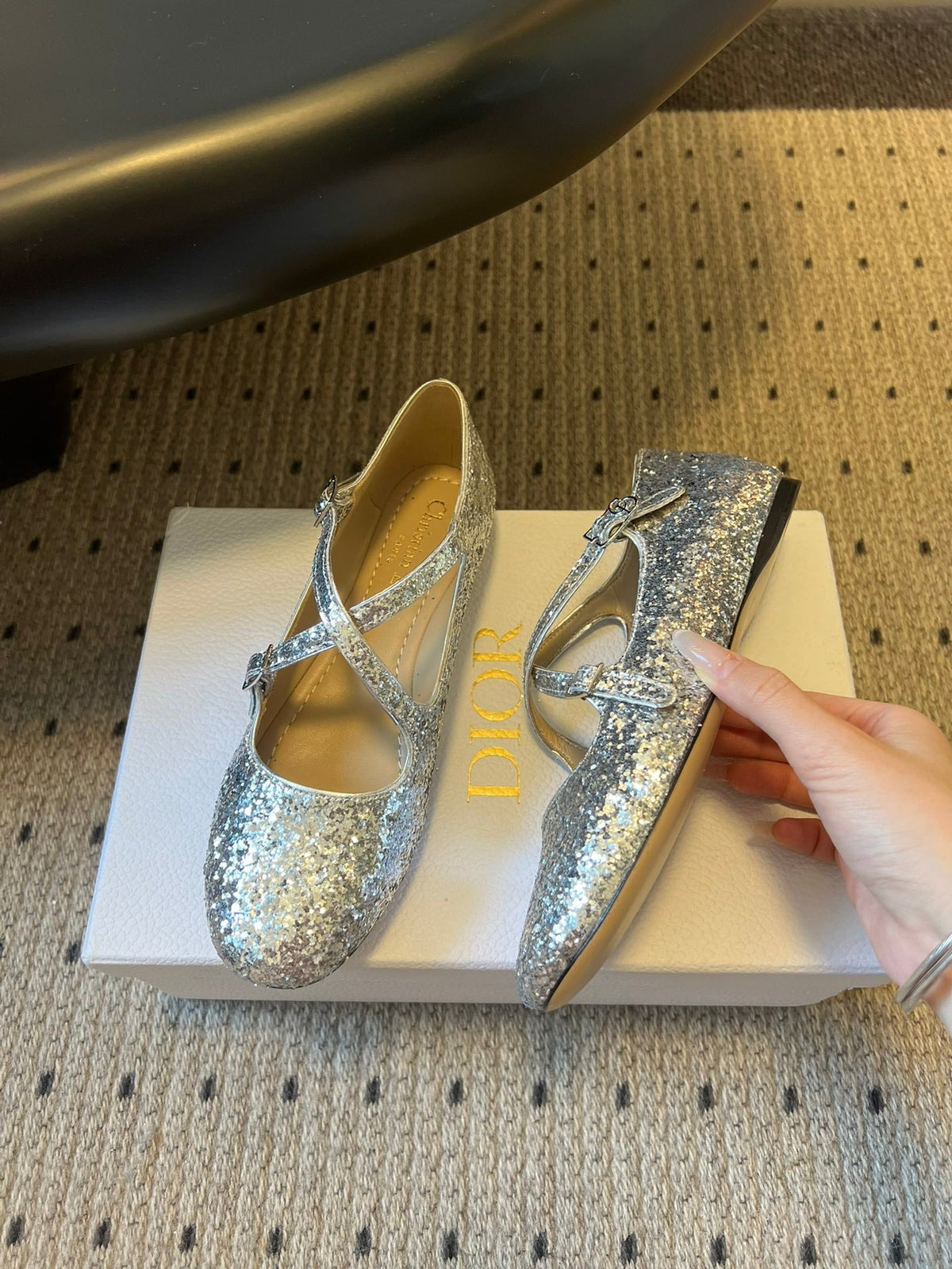 CD Very Ballet Flat Sliver Lambskin & Glitter