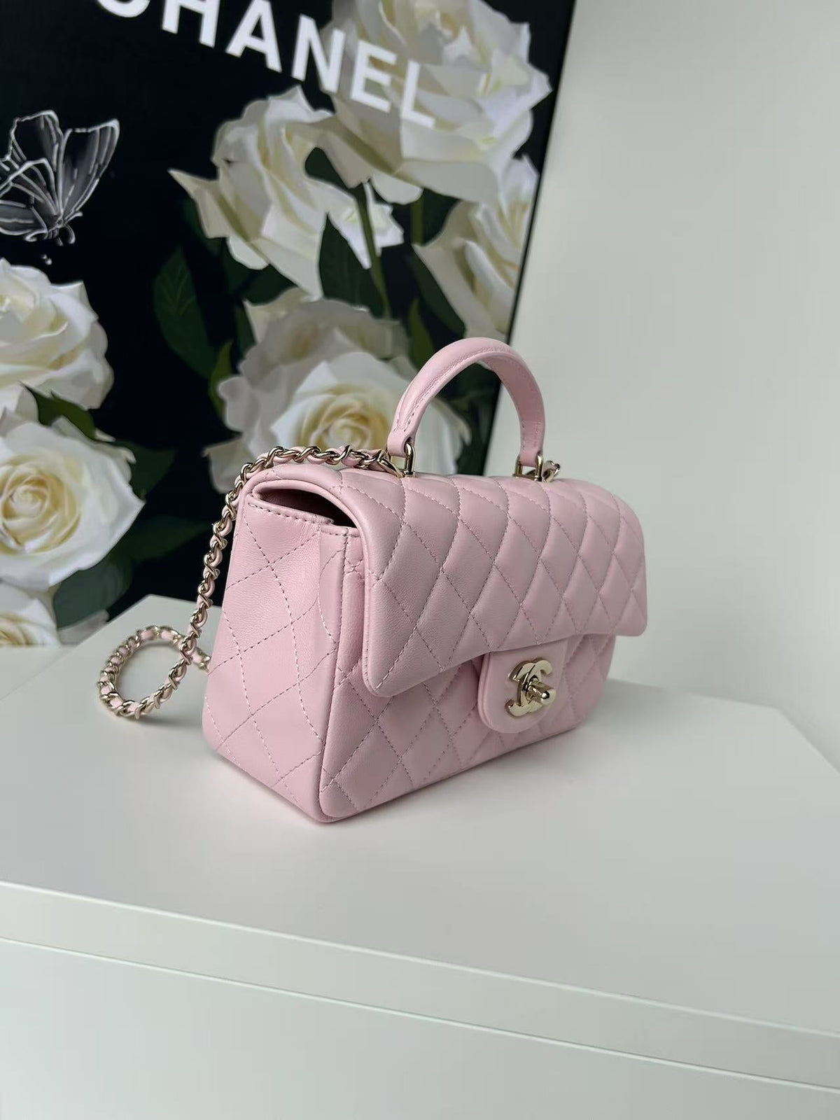 Chanel Mini Flap Bag Pink With Top Handle Lambskin Light Gold Hardware