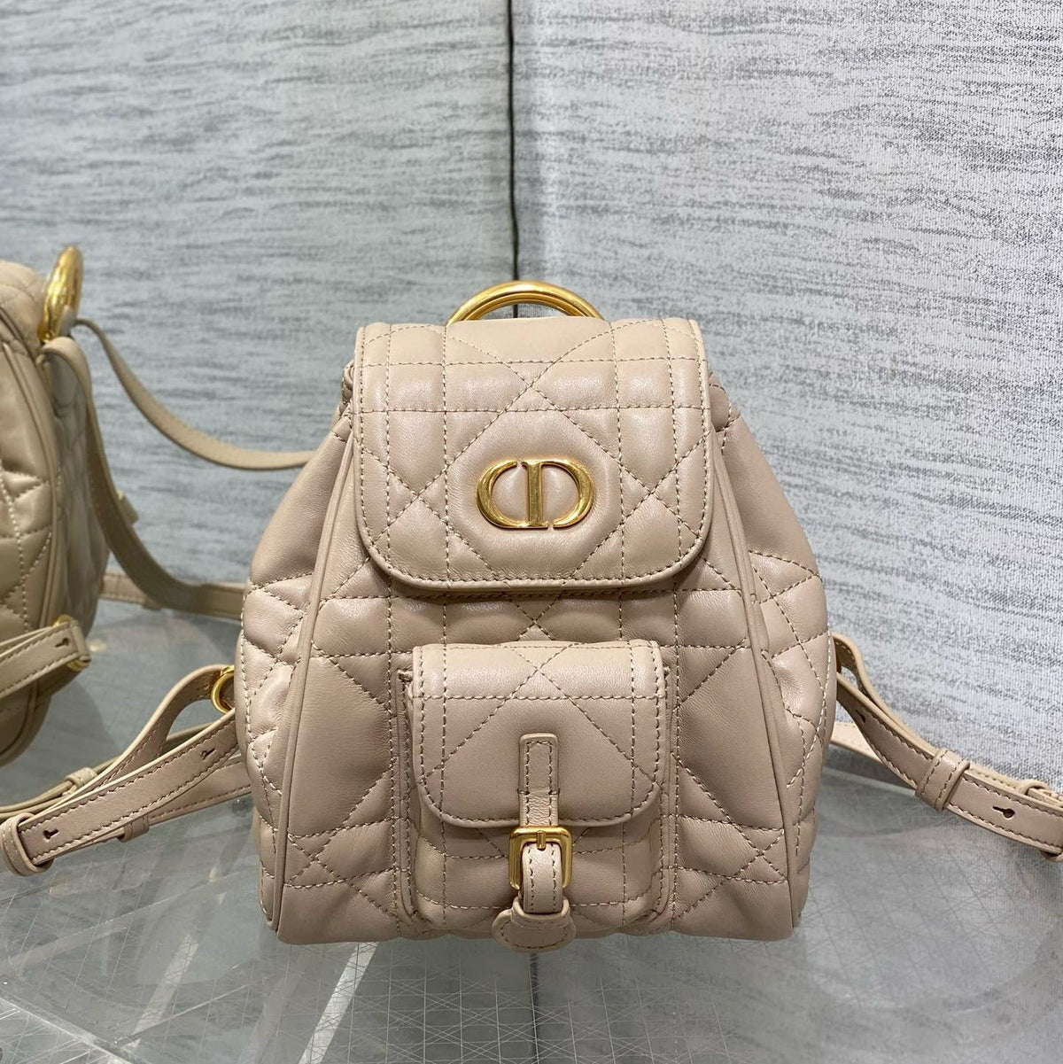 Small CD Caro Blackpack 18cm Powder Beige Macrocannage Lambskin
