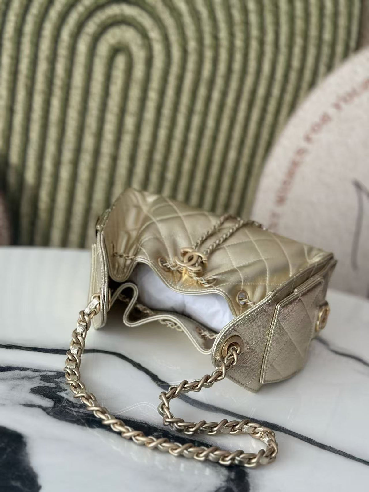 CC 2025 Hobo Bag Gold 22cm Metallic Grained Calfskin