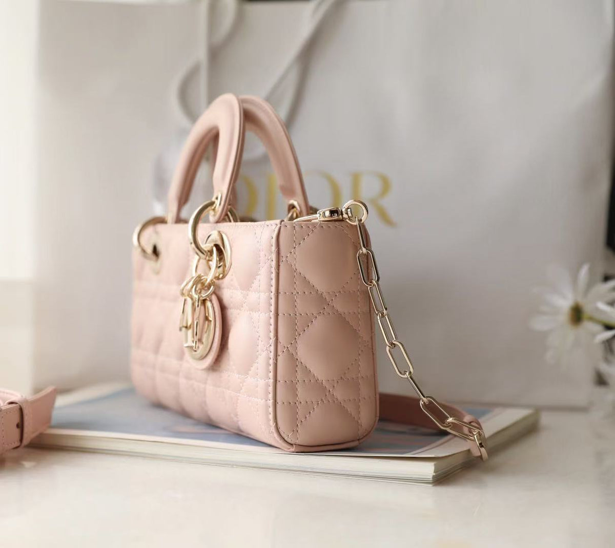 Dior 2025 Lady D-Joy 22cm Bag Powder Pink Lambskin
