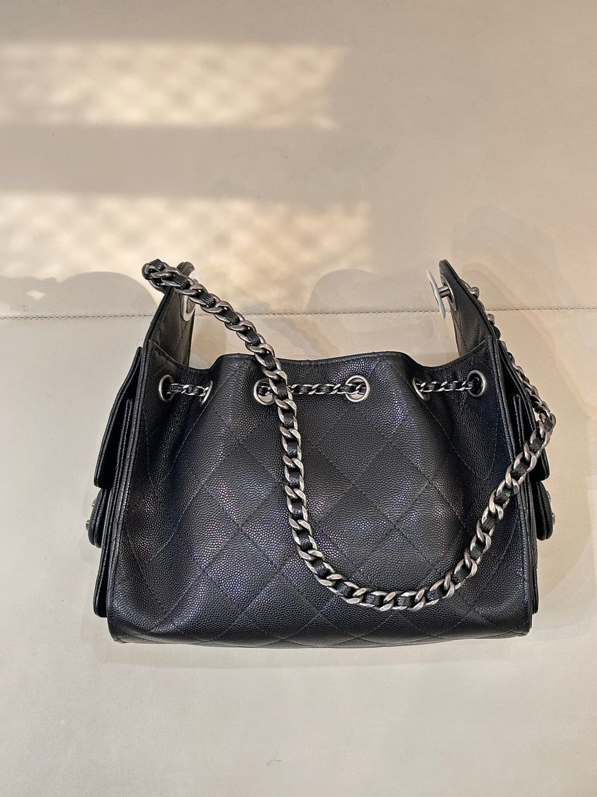 Chanel 2025 Hobo Bag 22cm Black Caviar Leather With Silver Hardware