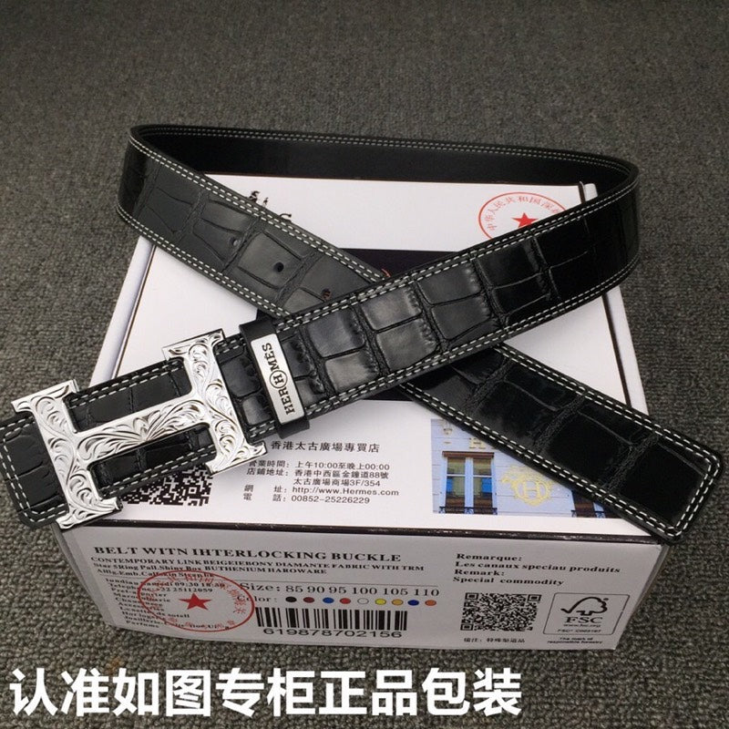 HM Belt 38mm Black Crocodile Leather Sliver Buckle 619362