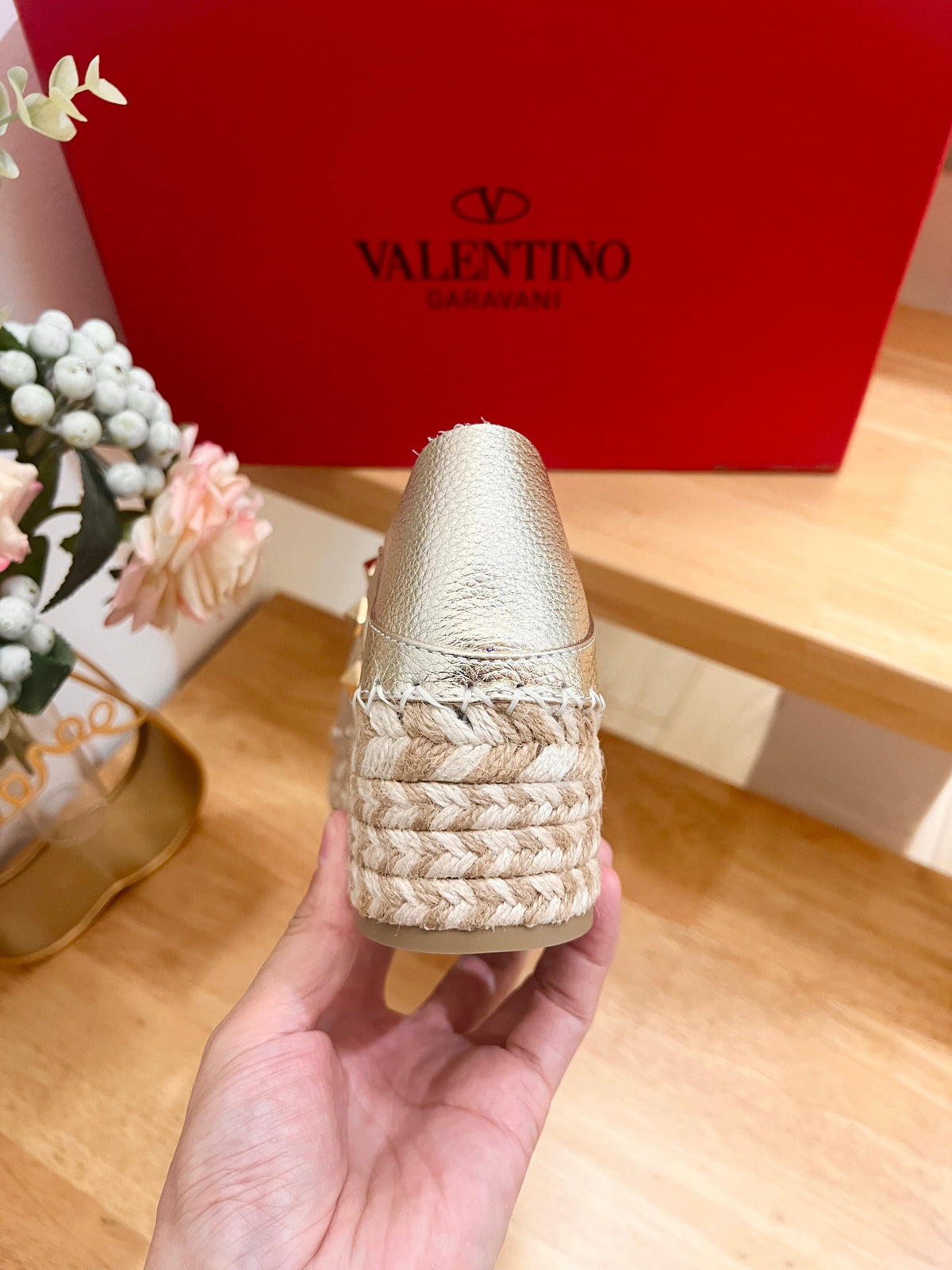 Valentino Rockstud Embellished Slip On Espadrille Silver Cowhide 240571