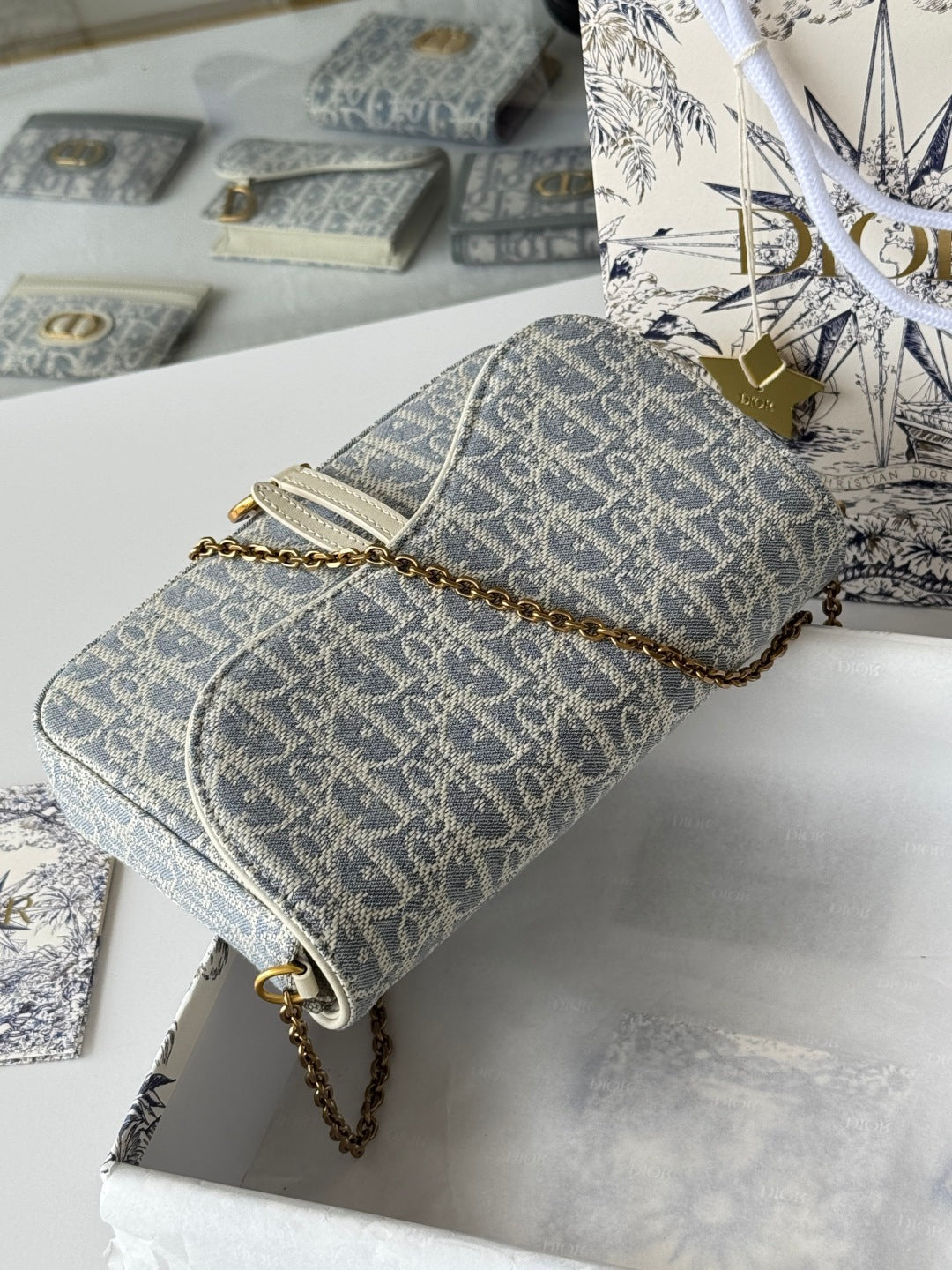 CD Medium Saddle Pouch with Chain 21.5cm White Grey Jacquard Cowhide GHW