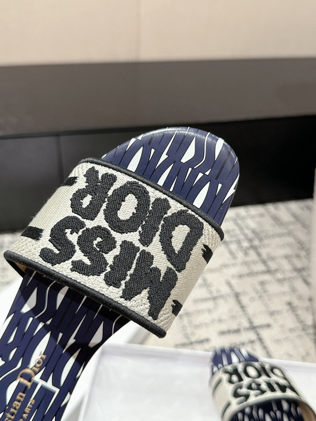 CD Dway Slide Deep Blue Mix White Black Embroidered Cotton