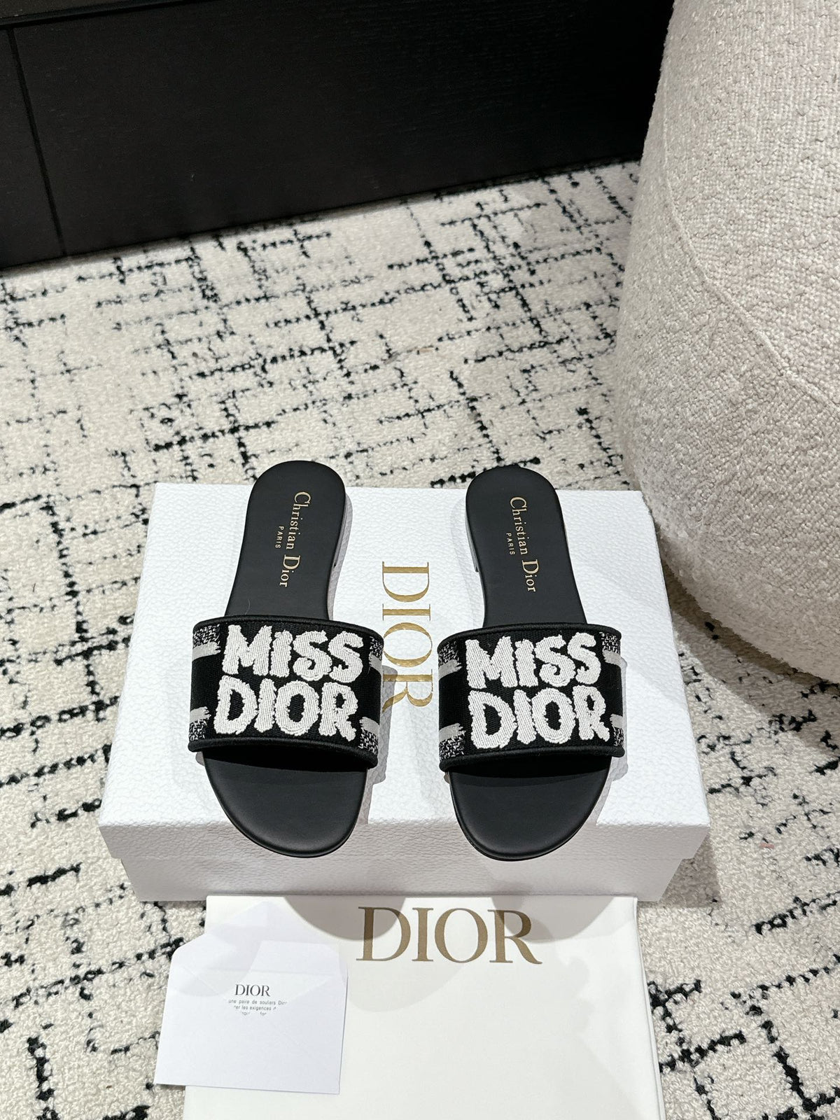 CD Dway Slide Black Mix White Embroidered Cotton