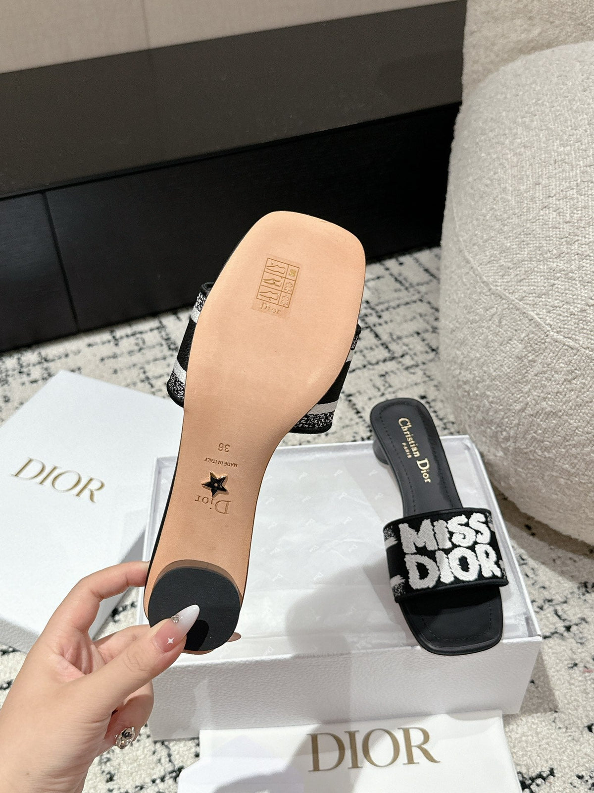 CD Dway Heeled Slide Black Mix White Embroidered Cotton