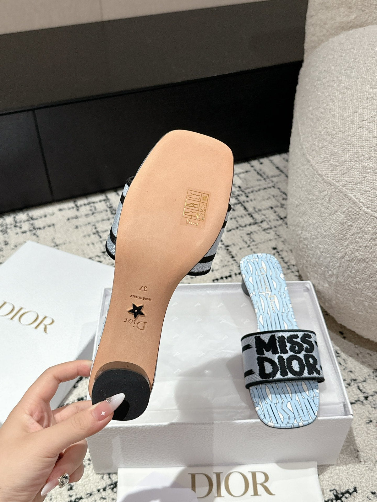 CD Dway Heeled Slide Blue Black Embroidered Cotton