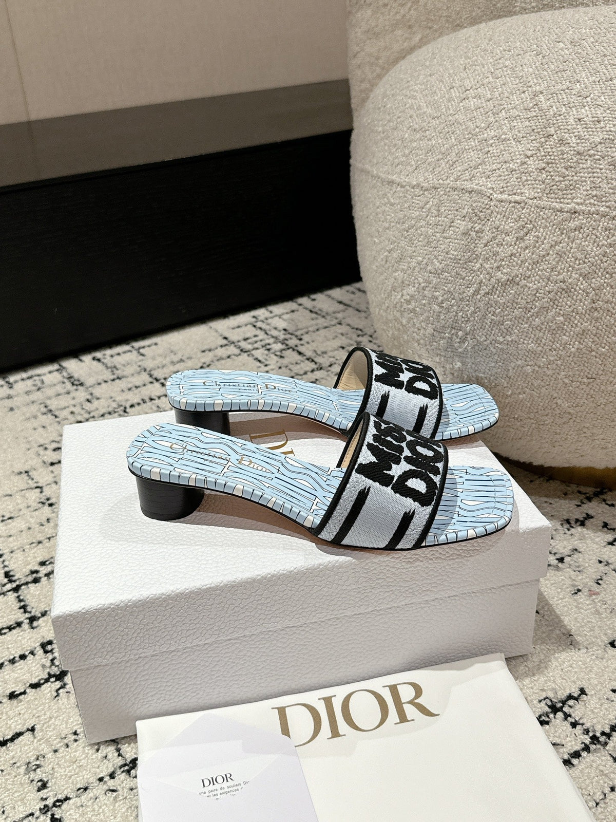 CD Dway Heeled Slide Blue Black Embroidered Cotton