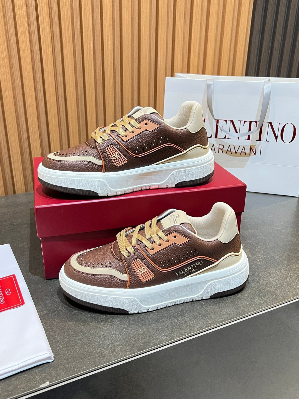 VT 26s Upvillage Trainers Brown Beige White Leather Studded 105514