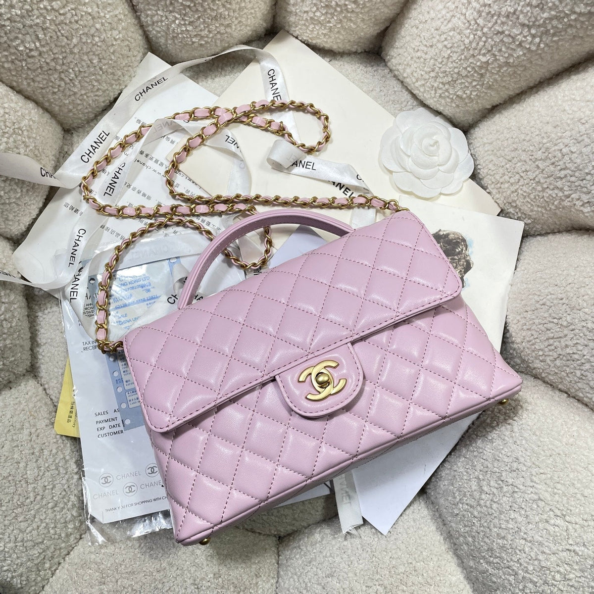 CC 25P Medium Flap Bag 25cm Top Handle Pink Calfskin Gold Hardware